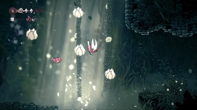 Hornet performing a pogo jump off white flowers to reach Pollip Heart #4 in Hollow Knight: Silksong