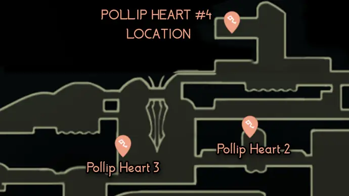 Pollip Heart #4 Map Map showing the location for Pollip Heart #4 above the pond's canopy in Shellwood in Hollow Knight: Silksong