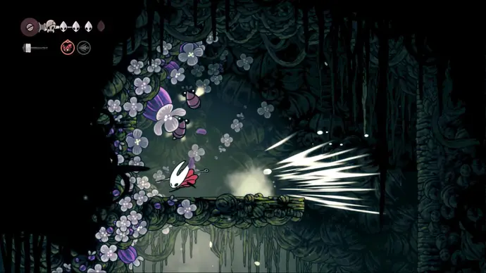 Hornet battling Wood Wasps guarding Pollip Heart #5 high up on the right side of Shellwood in Hollow Knight: Silksong