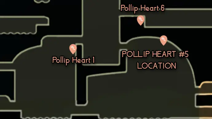 Pollip Heart #5 Map Map showing the location for Pollip Heart #5 on the highest path in Shellwood in Hollow Knight: Silksong