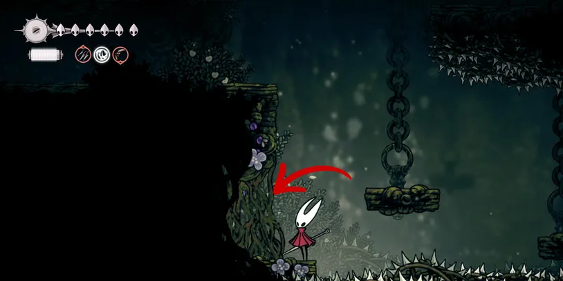 Hornet near Pollip Heart #6 concealed behind vines in a secret Bellvein passage in Hollow Knight: Silksong