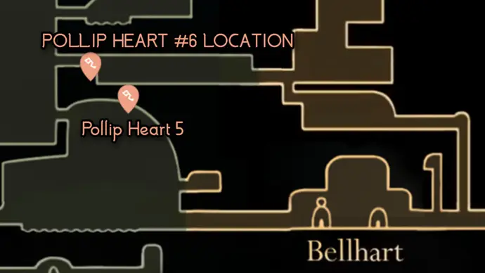 Pollip Heart #6 Map Map showing the location for Pollip Heart #6 in the secret Bellvein passage leading to Shellwood in Hollow Knight: Silksong