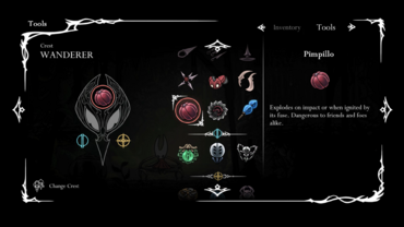 Screenshot of the pause menu, featuring several Silksong tools and a description of their effects.