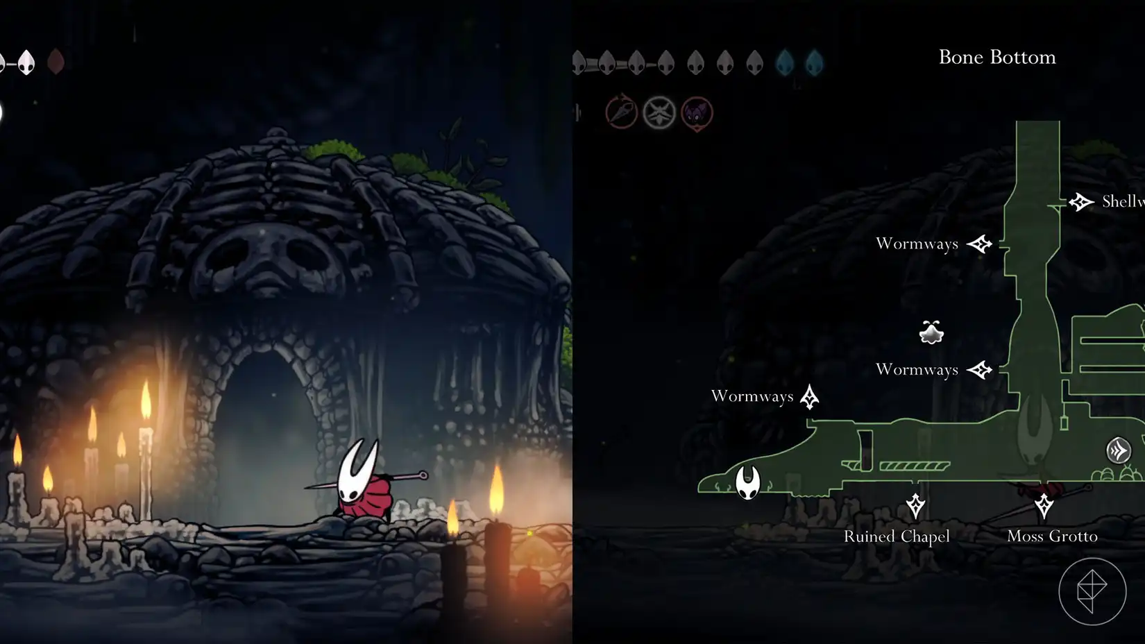 Hornet standing outside the Chapel of the Wanderer in Bonegrave, the location of the Wanderer Crest in Silksong.