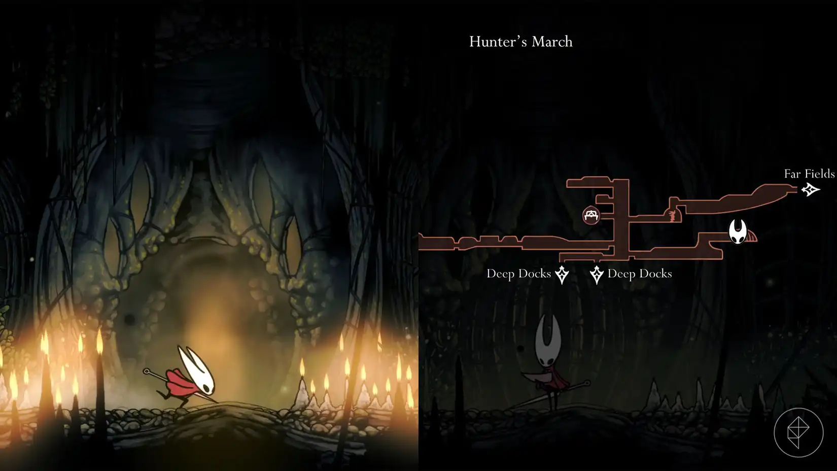 Hornet entering the Chapel of the Beast in Hunter's March, where the Beast Crest is found in Silksong.