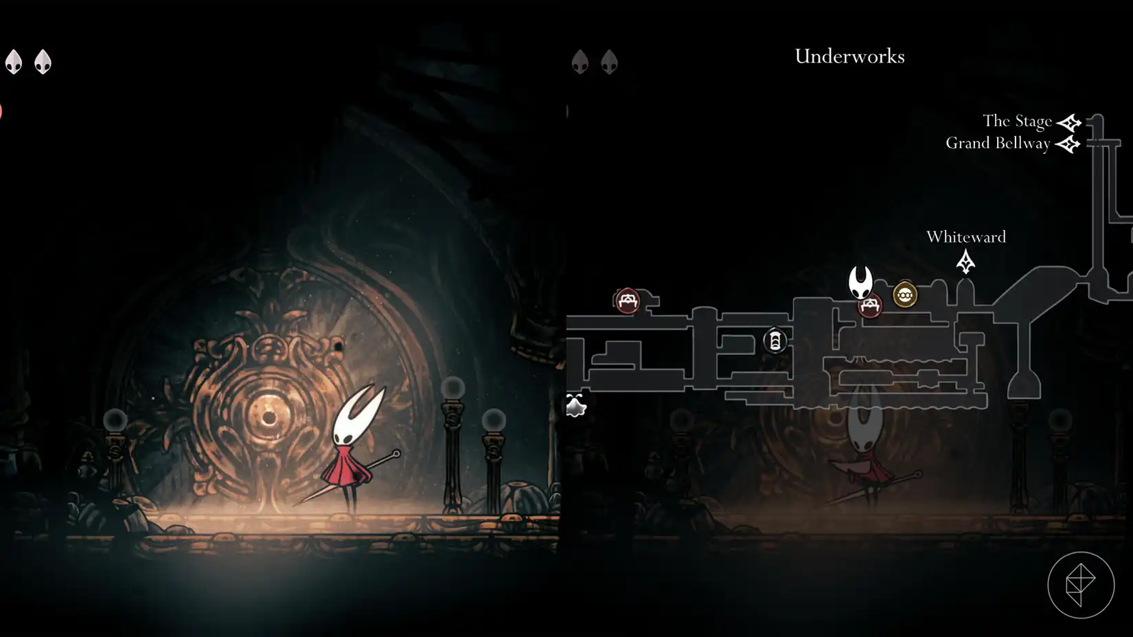 Hornet standing outside the Architect Chapel's locked door in The Underworks, the location of the Architect Crest in Silksong.