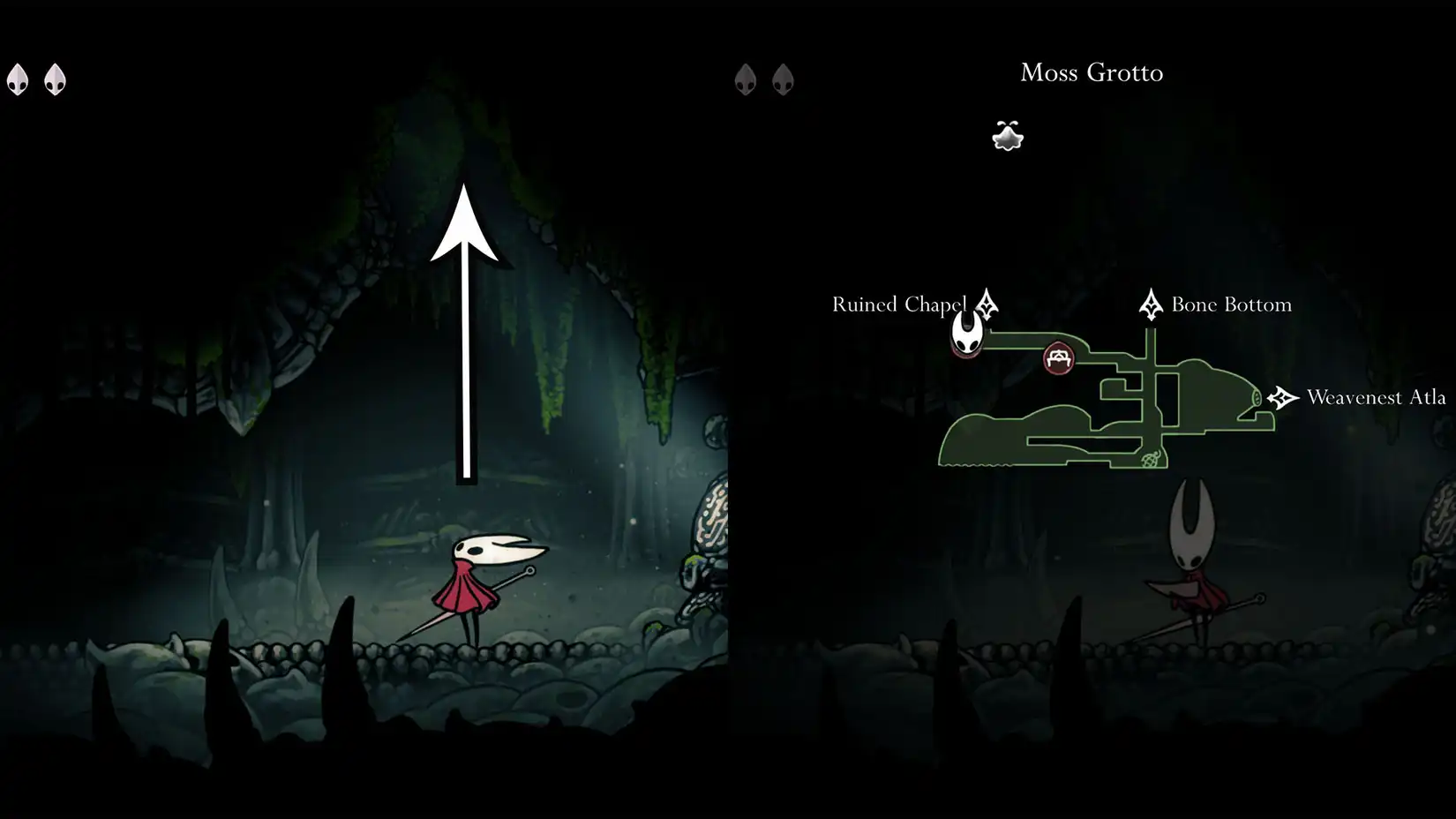 Hornet in the Ruined Chapel, with an arrow indicating a secret hole in the ceiling leading to the Shaman Crest in Moss Grotto, Silksong.