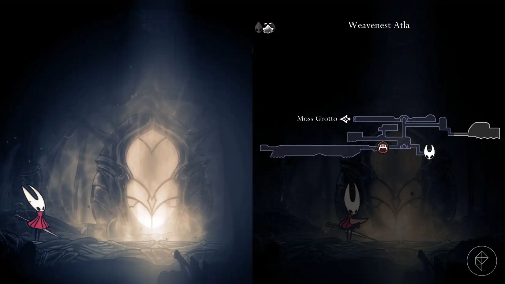 Hornet standing by Eva, a weaver NPC who provides Crest upgrades and the Vesticrest in Weavenest Atla, Silksong.