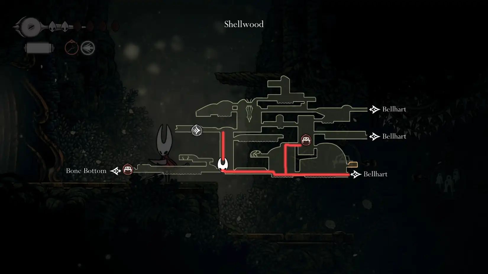 Greymoor Starting Point Initial path in Greymoor, marking the starting point for unlocking the Cling Grip in Hollow Knight: Silksong.