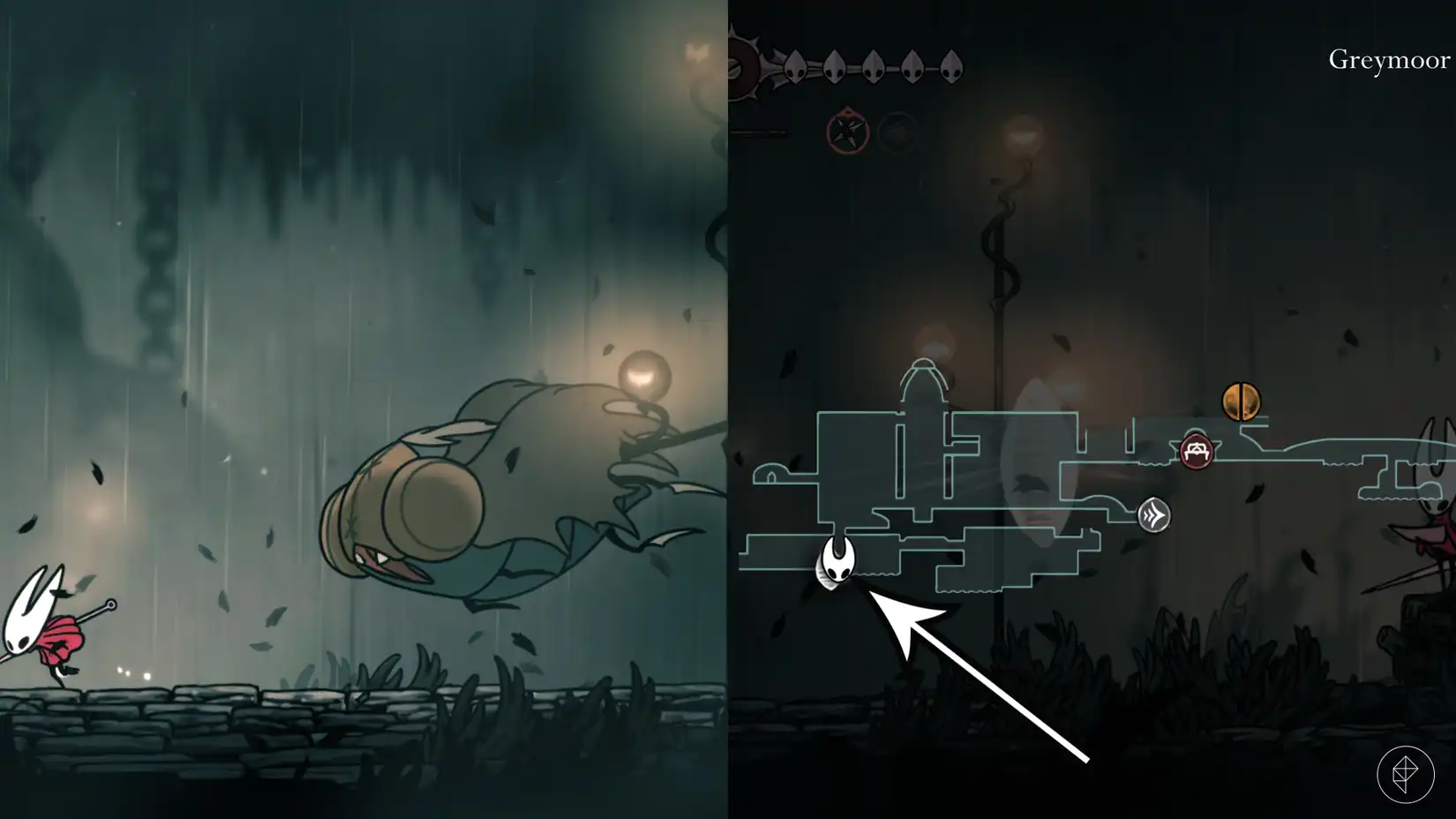 Map showing the location of the Moorwing boss in Hollow Knight: Silksong, after Halfway Home.
