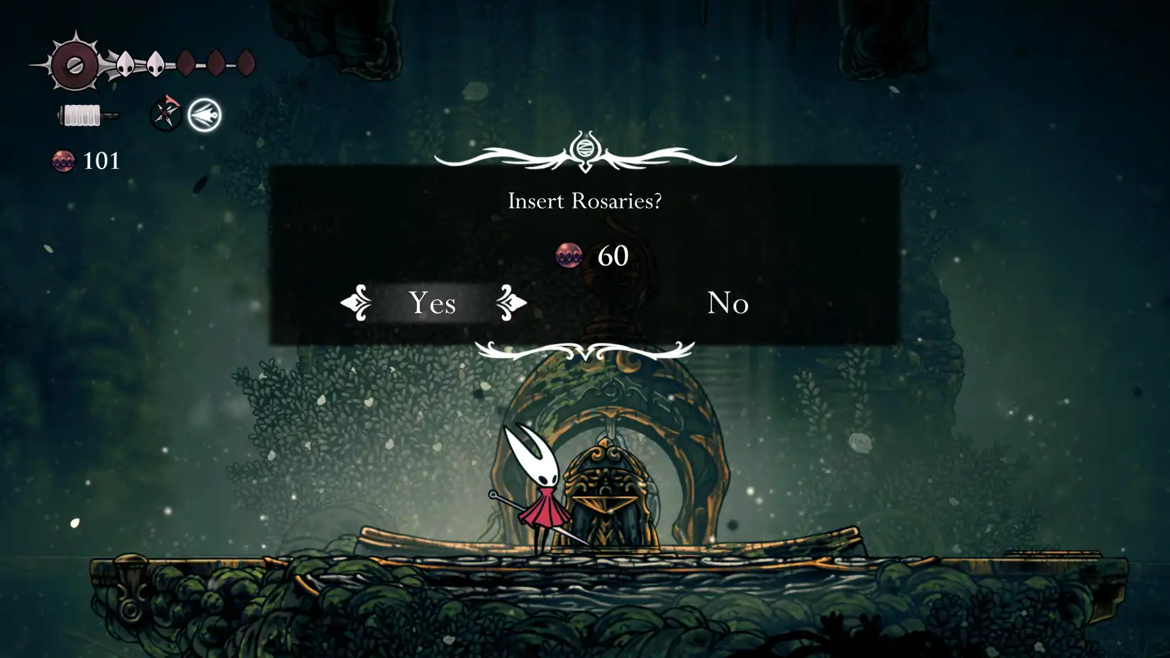 Shellwood Resting Bench Hornet resting at the vital resting bench in Shellwood before confronting Sister Splinter.