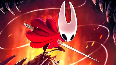 A cinematic close-up shot of Hornet, the protagonist of Hollow Knight: Silksong, preparing an attack with her Nail weapon towards the camera.