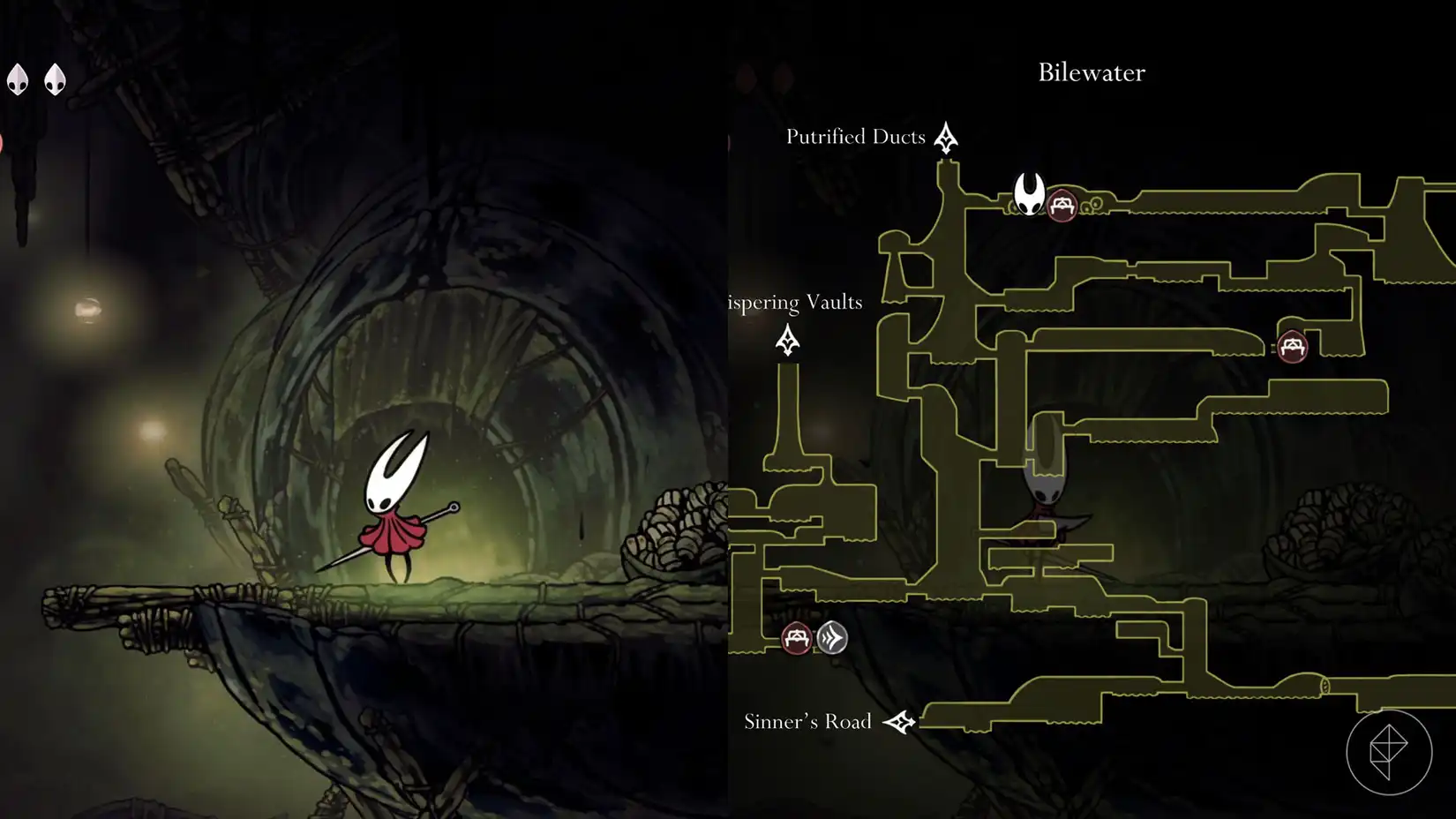 Hornet outside a house in Bilewater, location of Seeker's Soul in Silksong