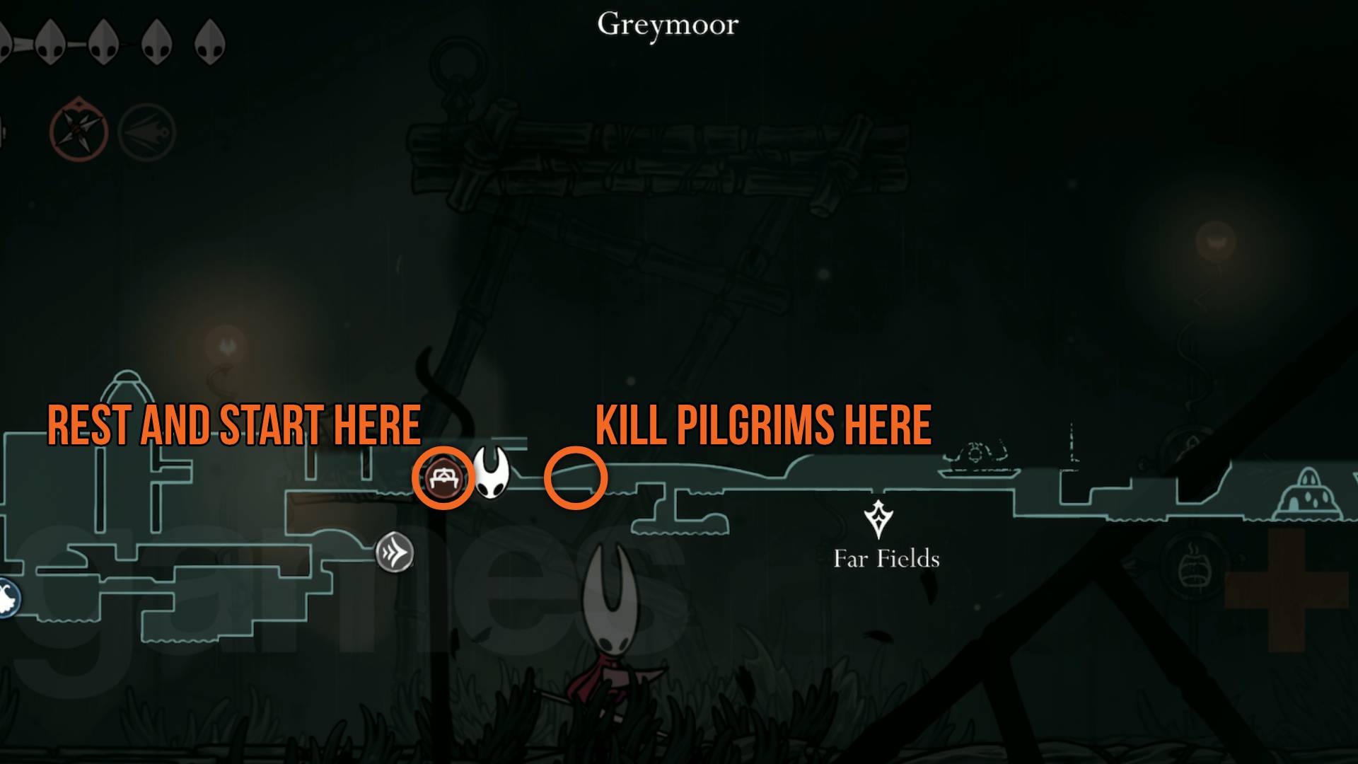 Hollow Knight Silksong rosary farming map for Greymoor Halfway House
