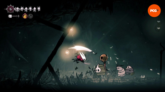 Hollow Knight Silksong best early game rosary farm: Hornet attacking a trio of enemies