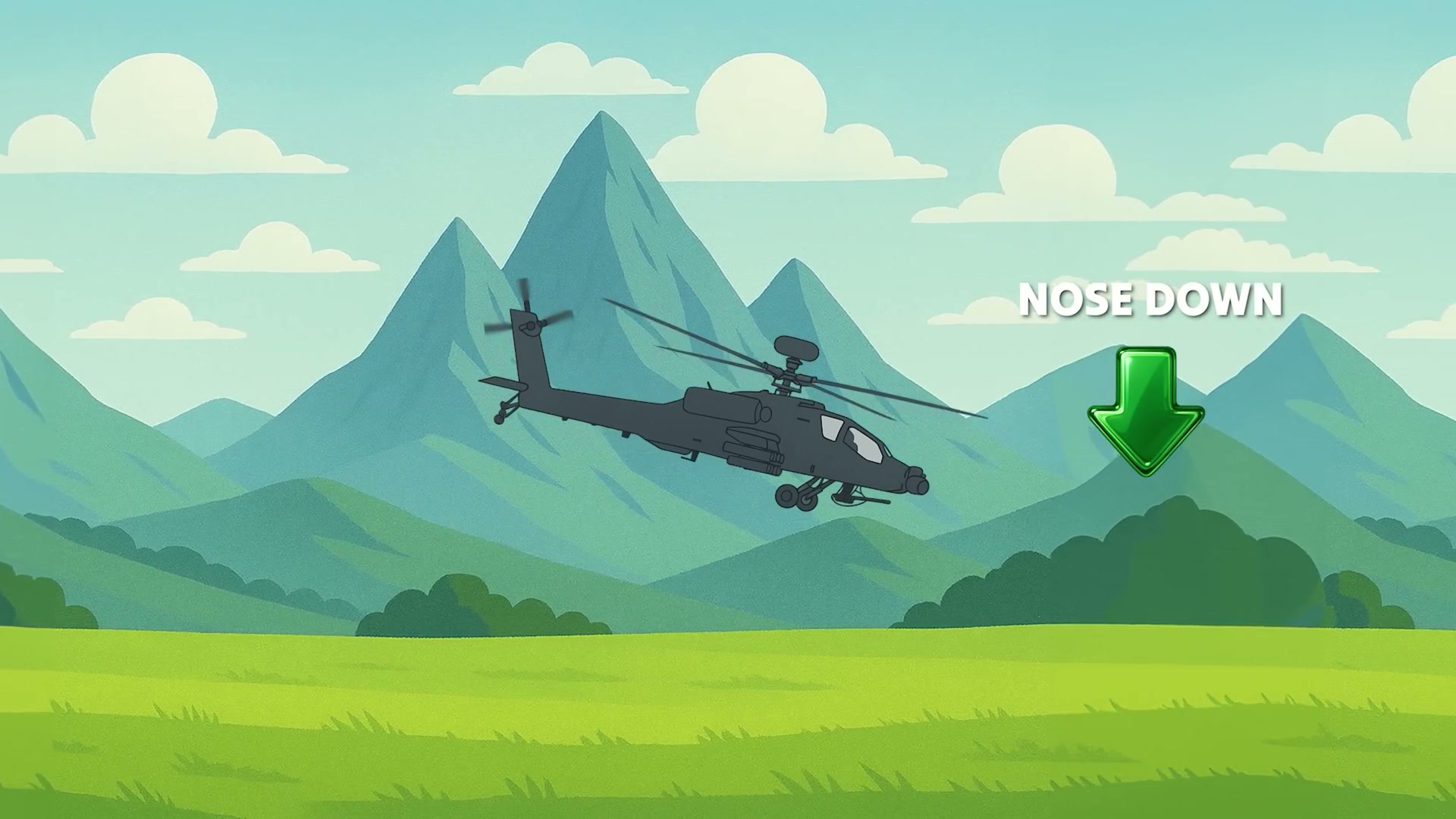 A helicopter flying at high speed with its nose tilted down, dangerously close to the ground.