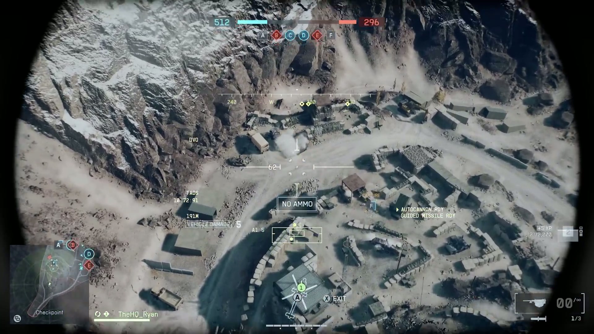 View from the gunner seat of a Battlefield 6 helicopter, targeting enemies on the ground with a cannon.