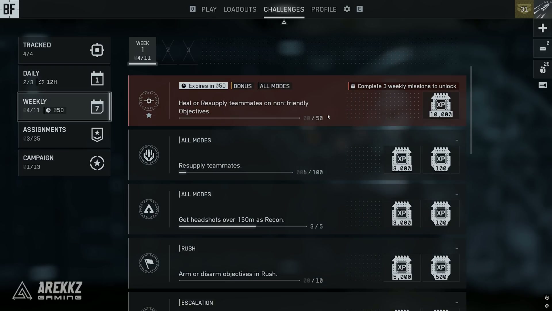 Battlefield 6 challenges tab showing daily and weekly assignments.