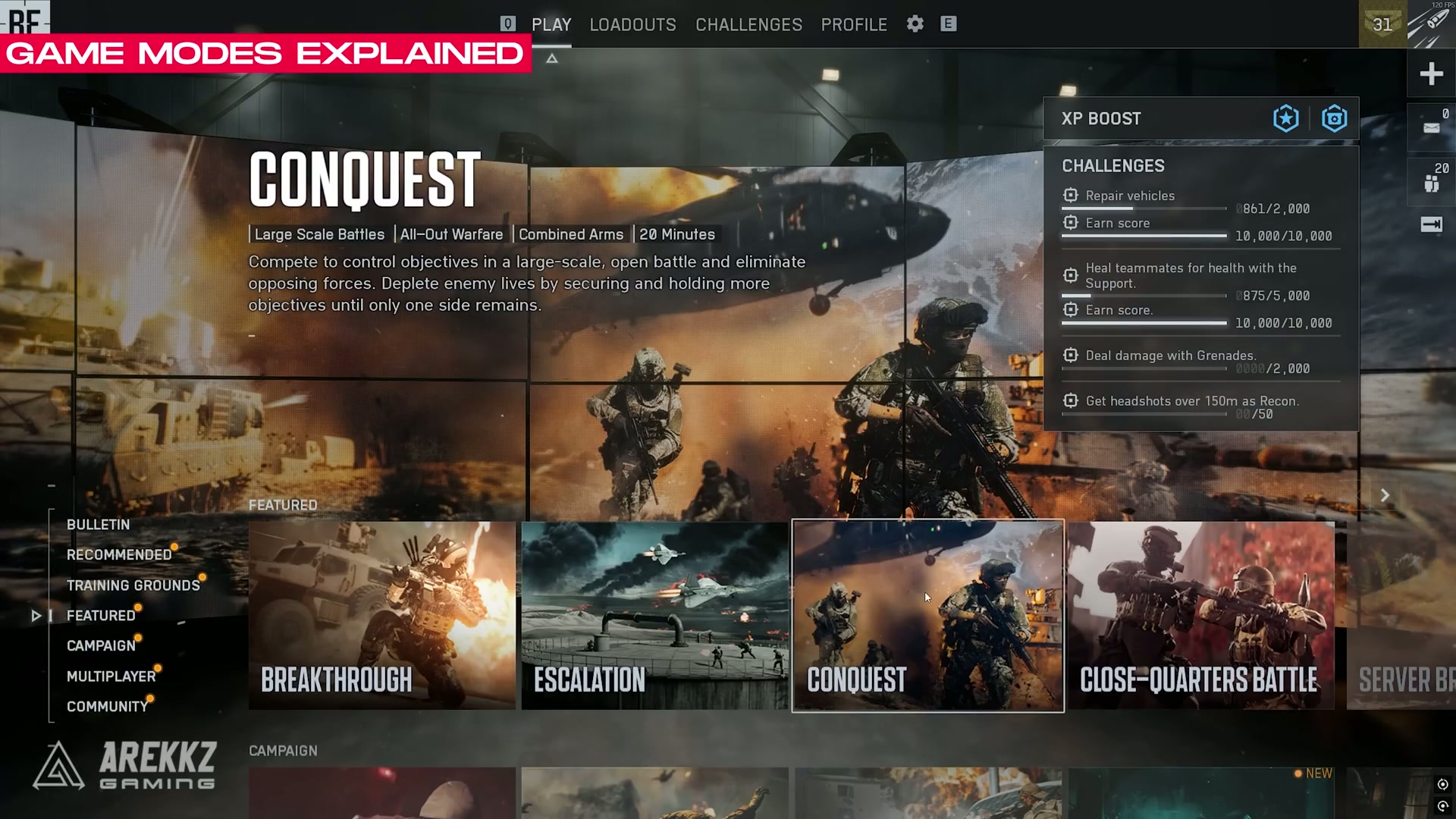 Battlefield 6 game mode selection screen with options like Conquest, Breakthrough, and Rush.
