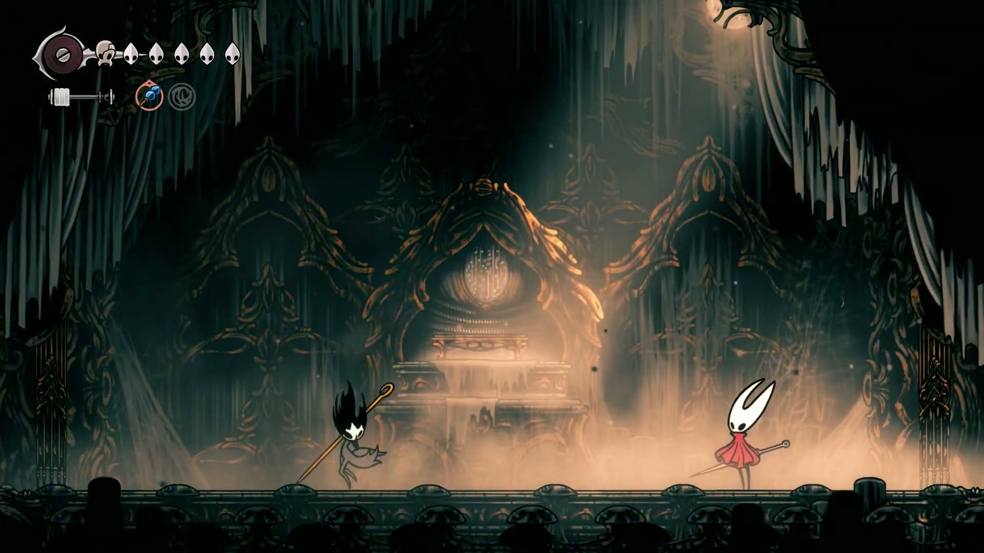 Demonstration of the Phantom Lancer's teleport spear attack, with Hornet dodging