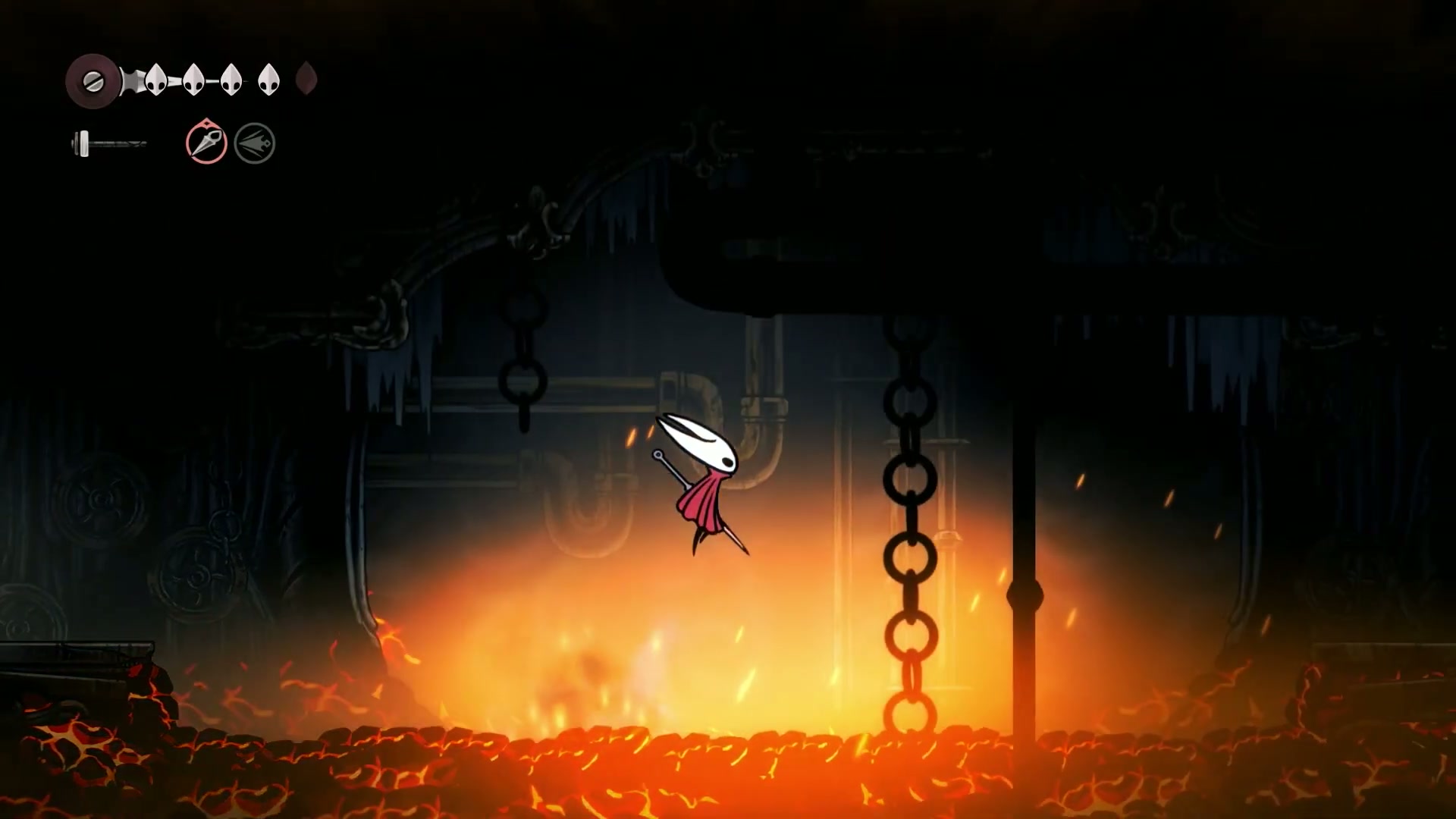Hornet carefully jumping across the magma river in Deep Docks