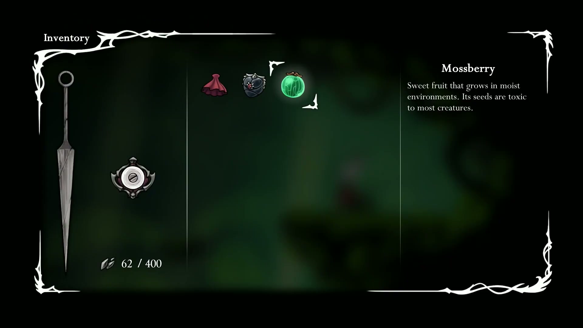 Hornet collecting the first of three Moss Berries, a key quest item in the Silksong Platinum guide.