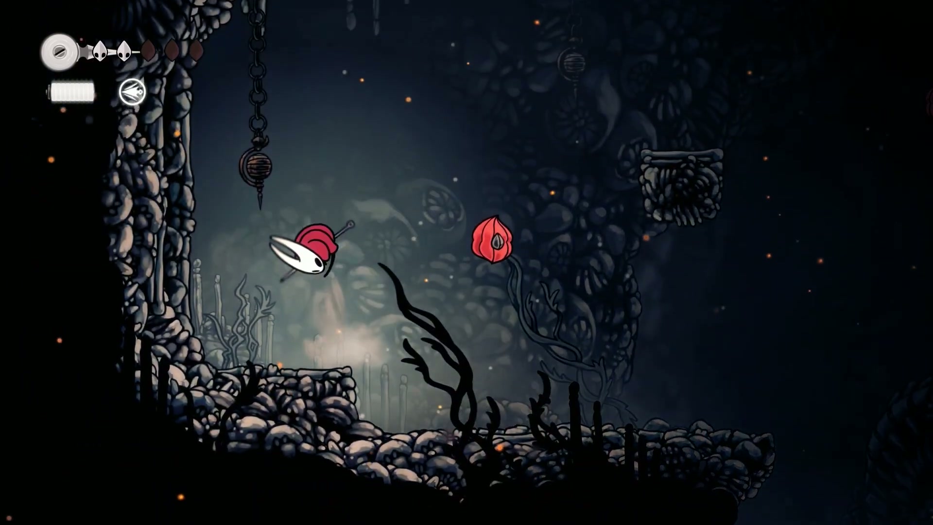 Hornet performing a tricky diagonal pogo jump in Silksong.