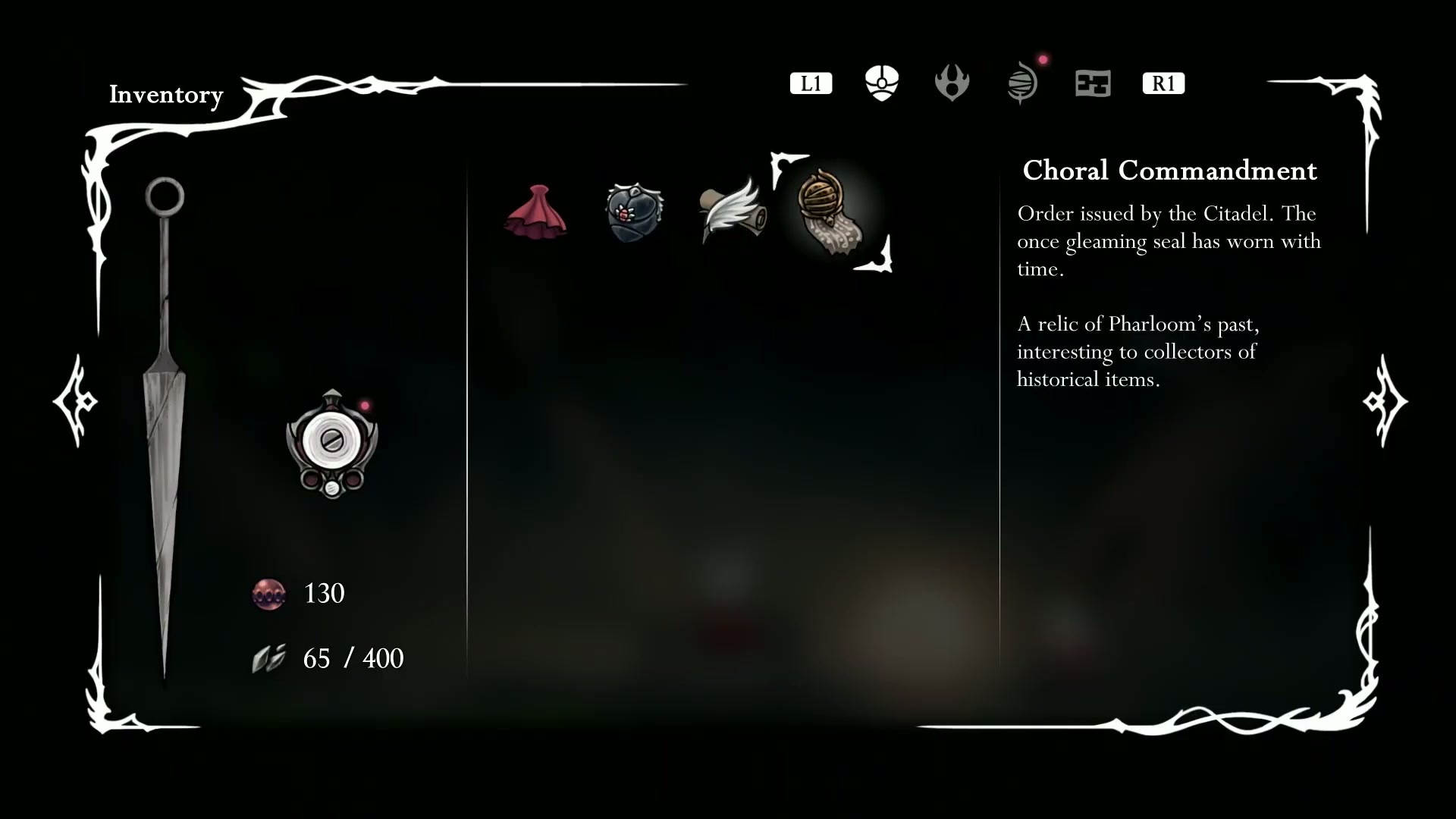 An inventory screen showing all the key items from the Silksong Platinum Walkthrough Part 1.
