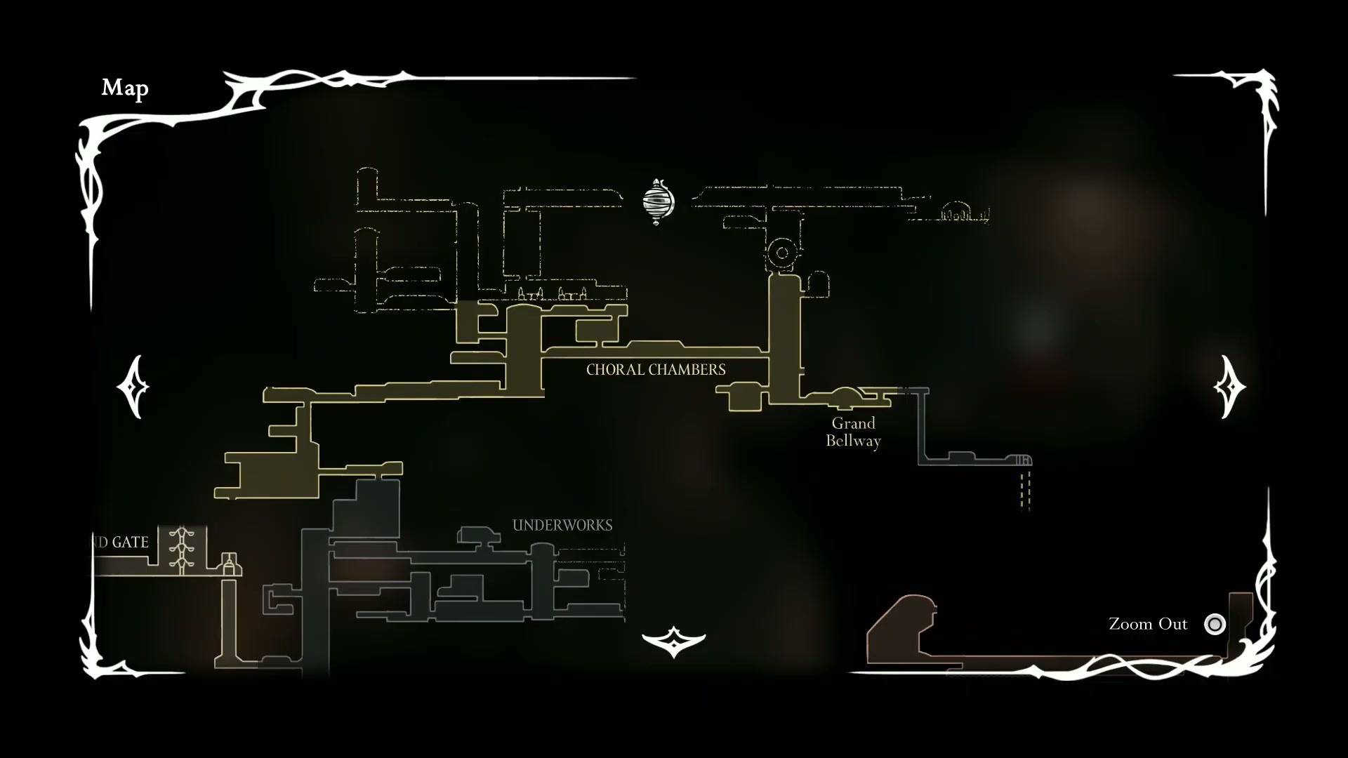Hornet in the Grand Bellway, heading towards the main Citadel shaft for the Silksong Platinum Walkthrough.