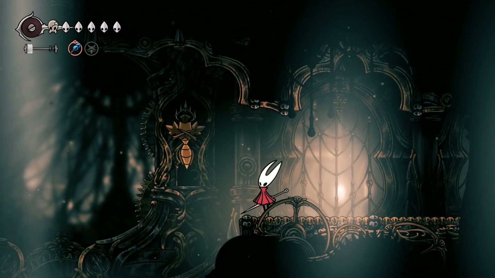 Hornet facing the two Cogworker bosses in Silksong.