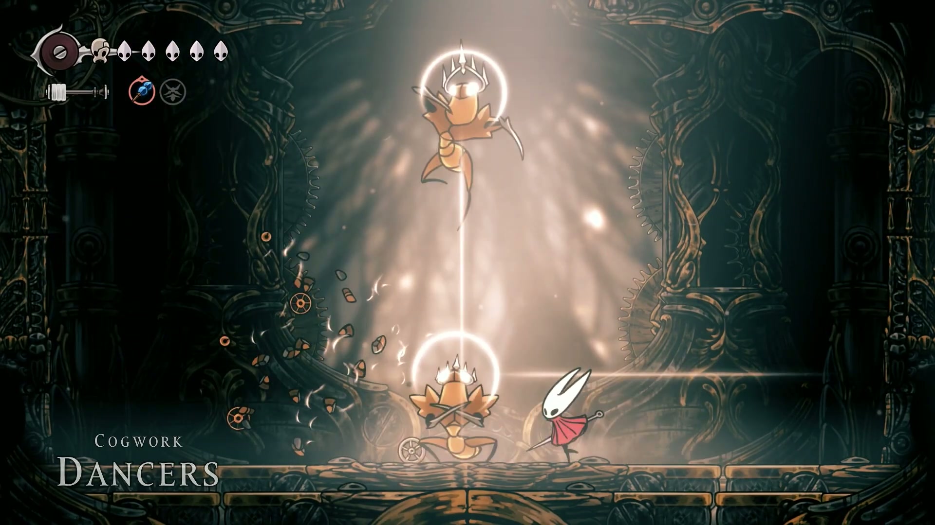The Cogworkers telegraphing their dash attack with a white line in Silksong.