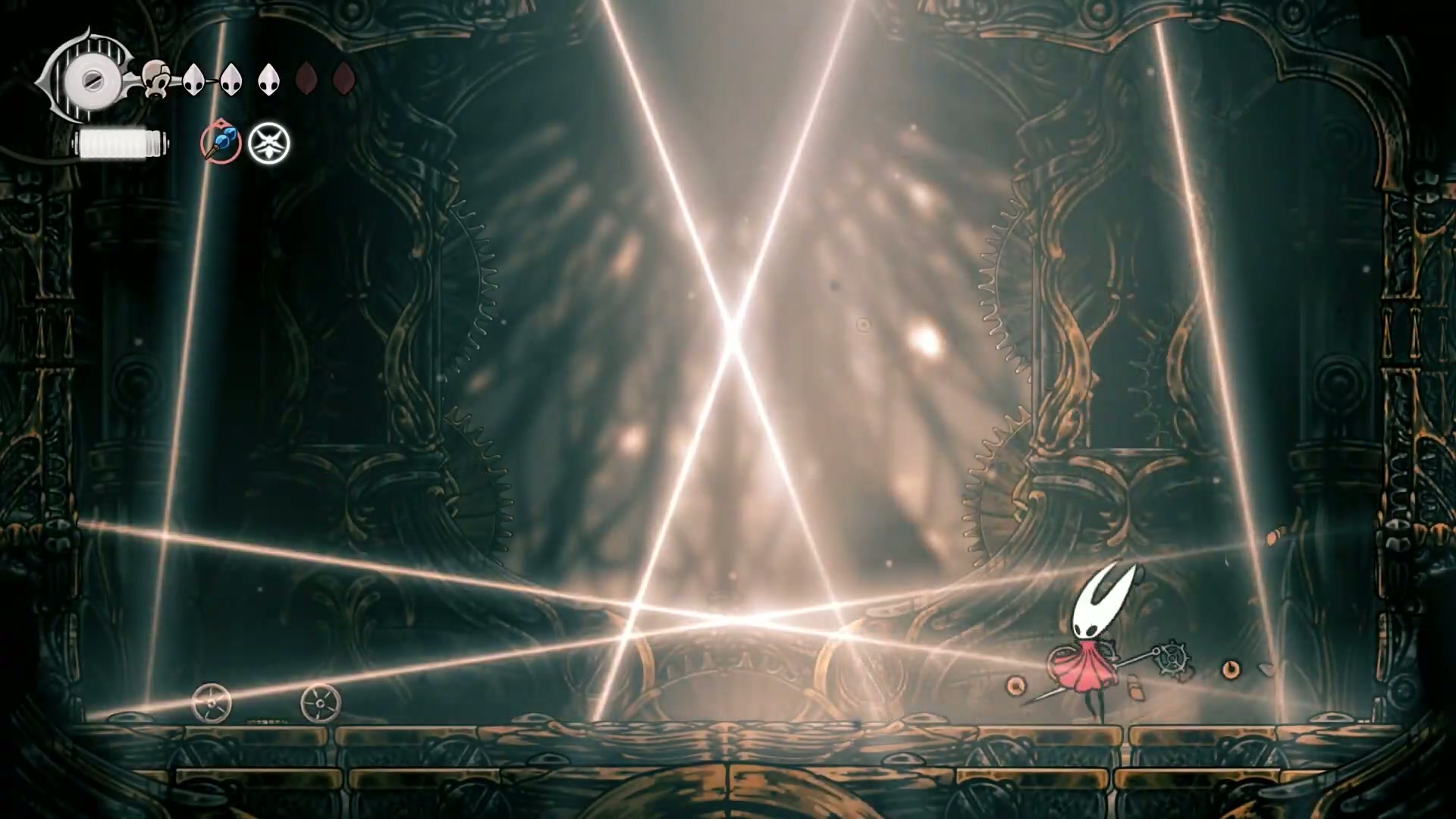 The Cogworkers in their faster phase two, with multiple attack lines on screen.