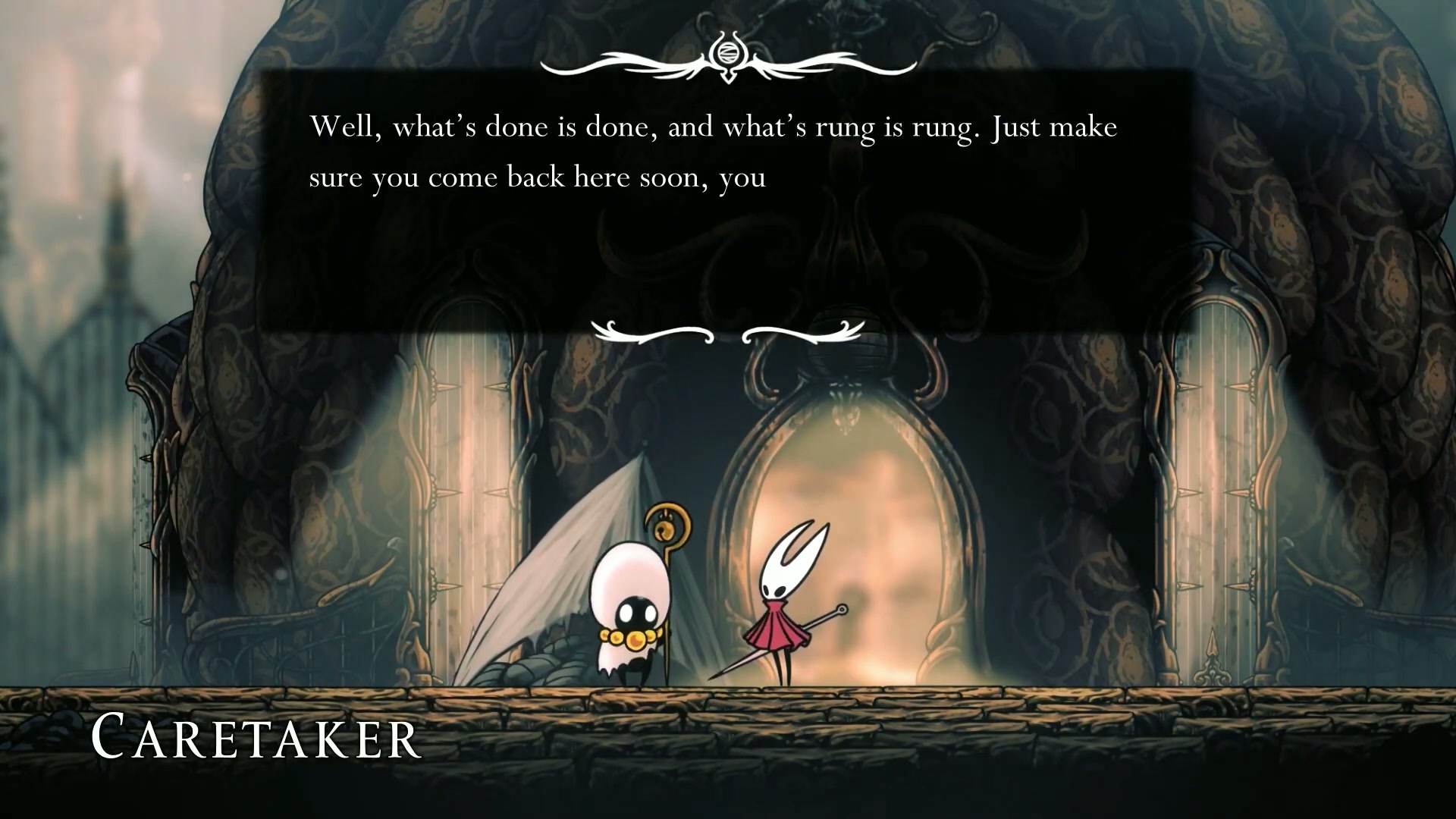 The First Shrine hub area in Silksong, with the Caretaker and a Wish Board.