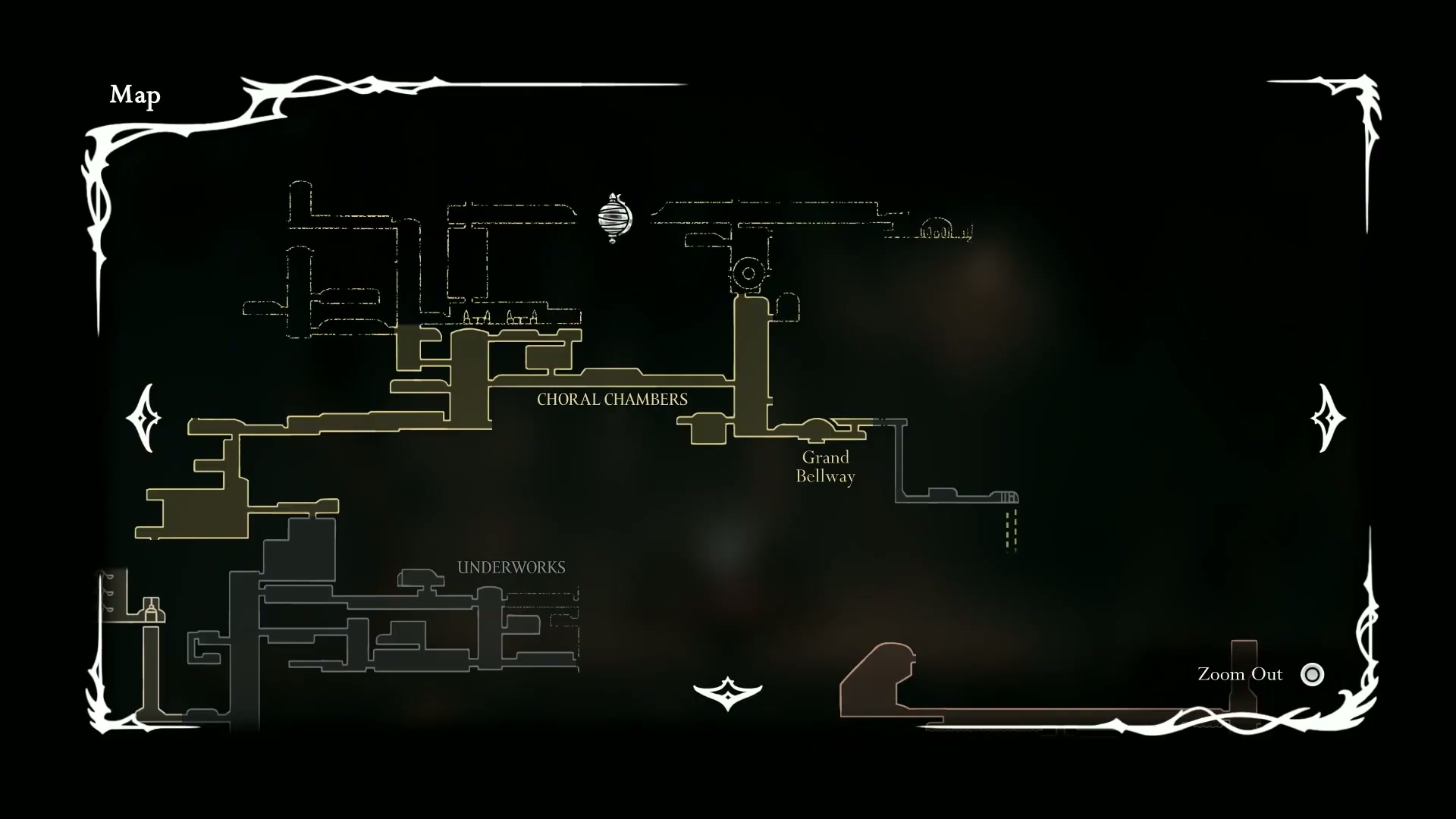 Map of the Citadel showing the route to the First Shrine in the Silksong 100% Completion Guide.