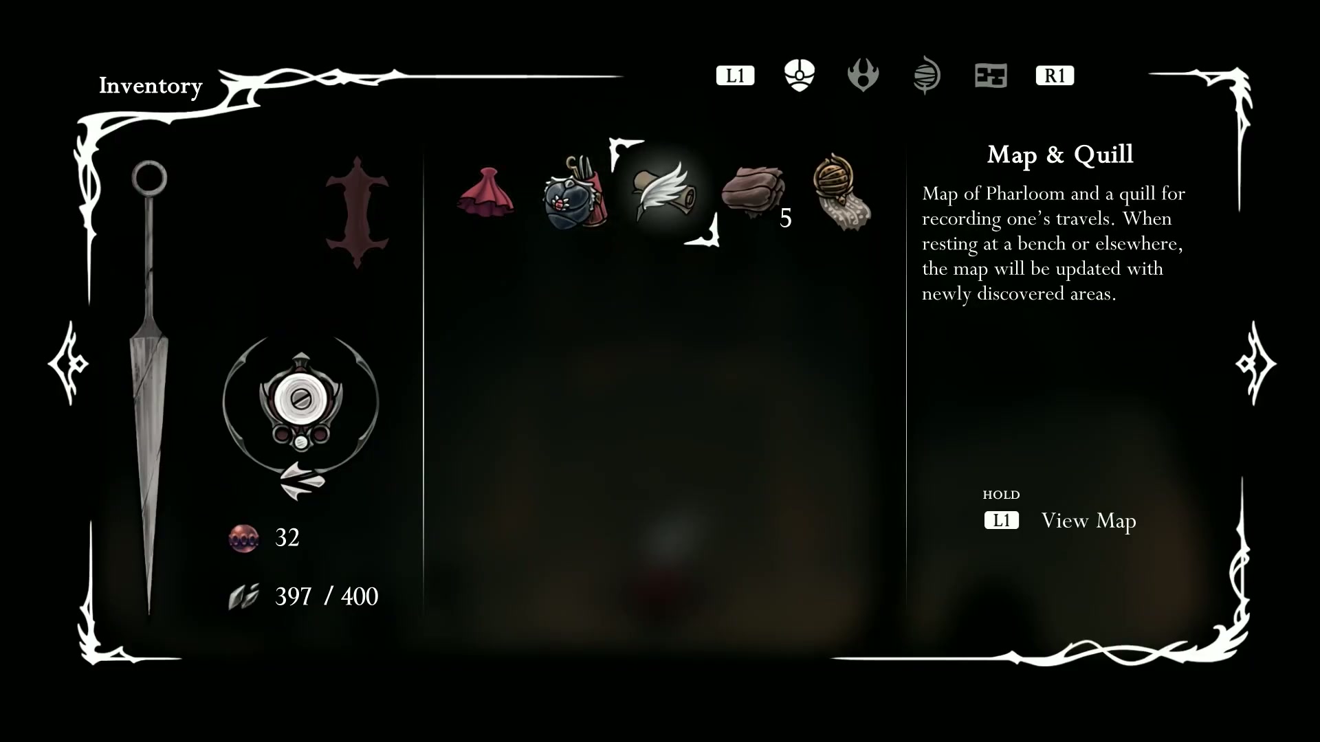 Silksong inventory screen showing the Magma Bell, Spool Fragments, and Swift Step ability icon