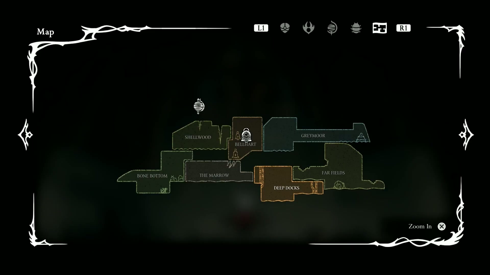 The Silksong world map showing progress through Greymoor, Hunter's March, and Shellwood
