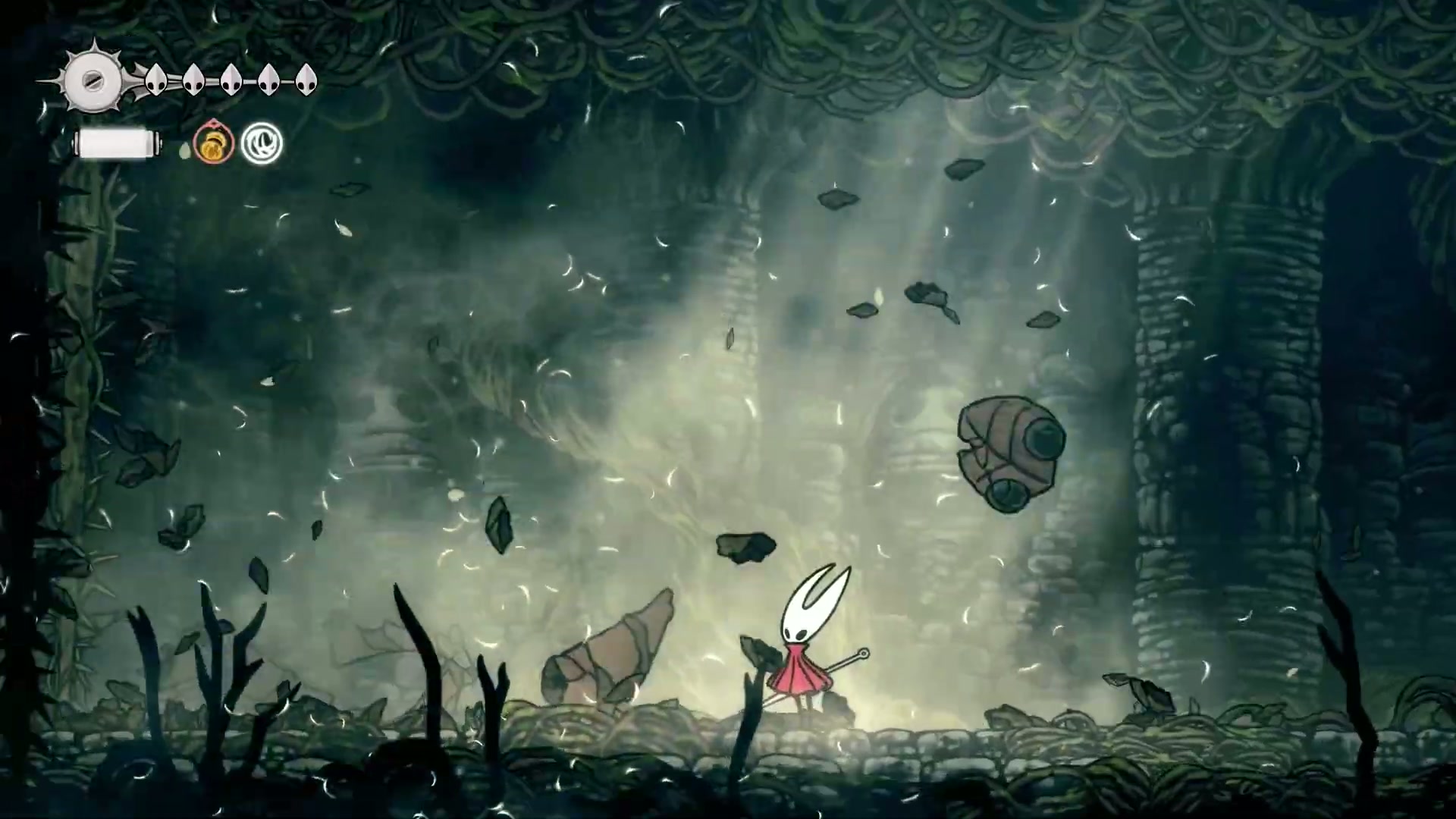 Hornet getting overwhelmed by boss minions while attacking the boss.