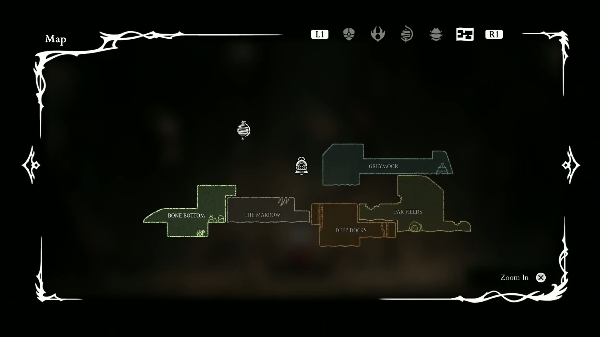 Silksong map showing Greymoor and the path to Hunter's March