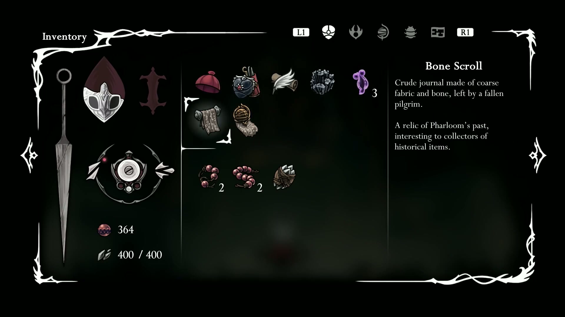 A visual checklist of all items and skills acquired in Silksong Part 5