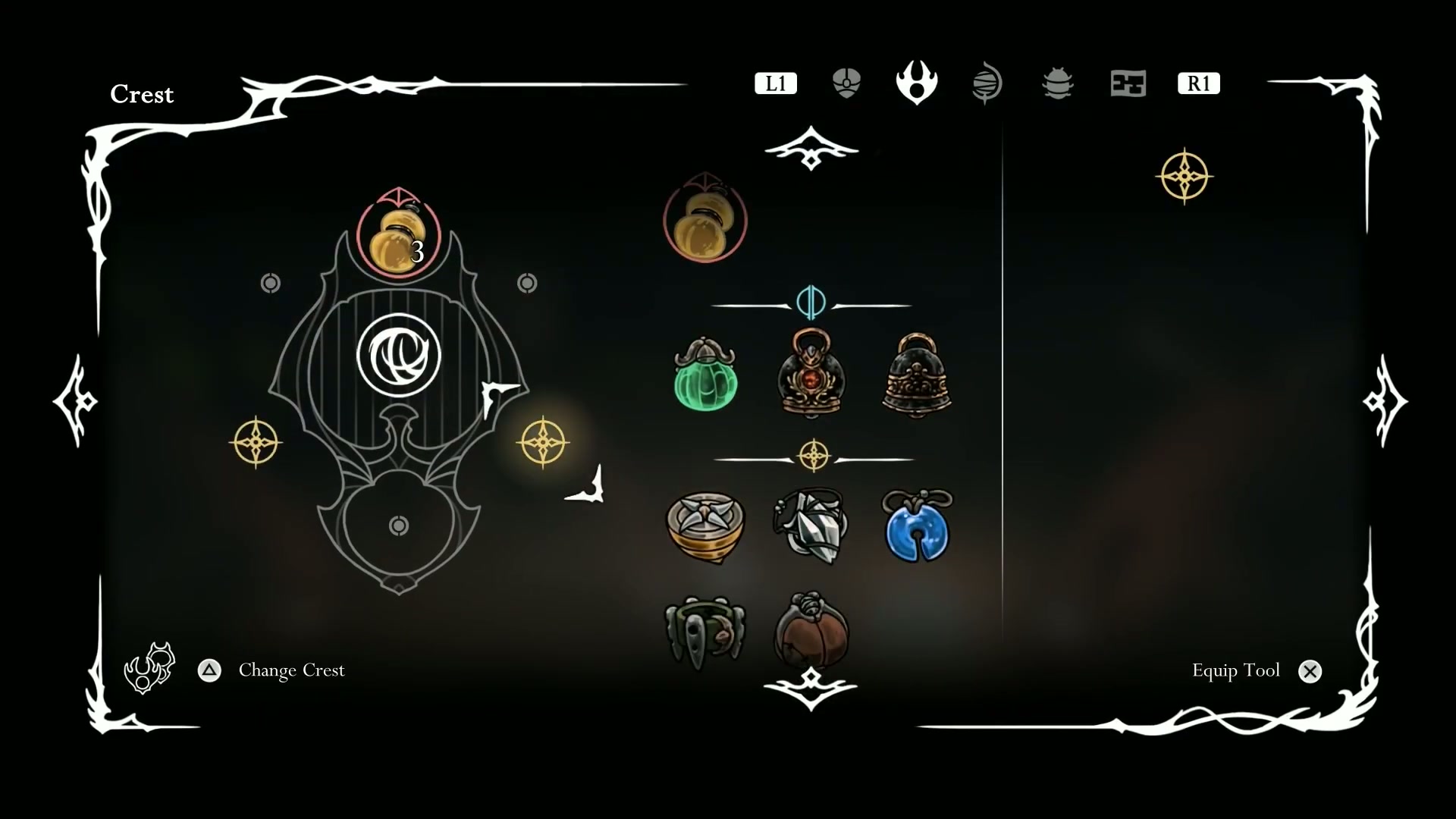 A screenshot of the recommended tool and crest loadout for Hunter's March in Silksong.