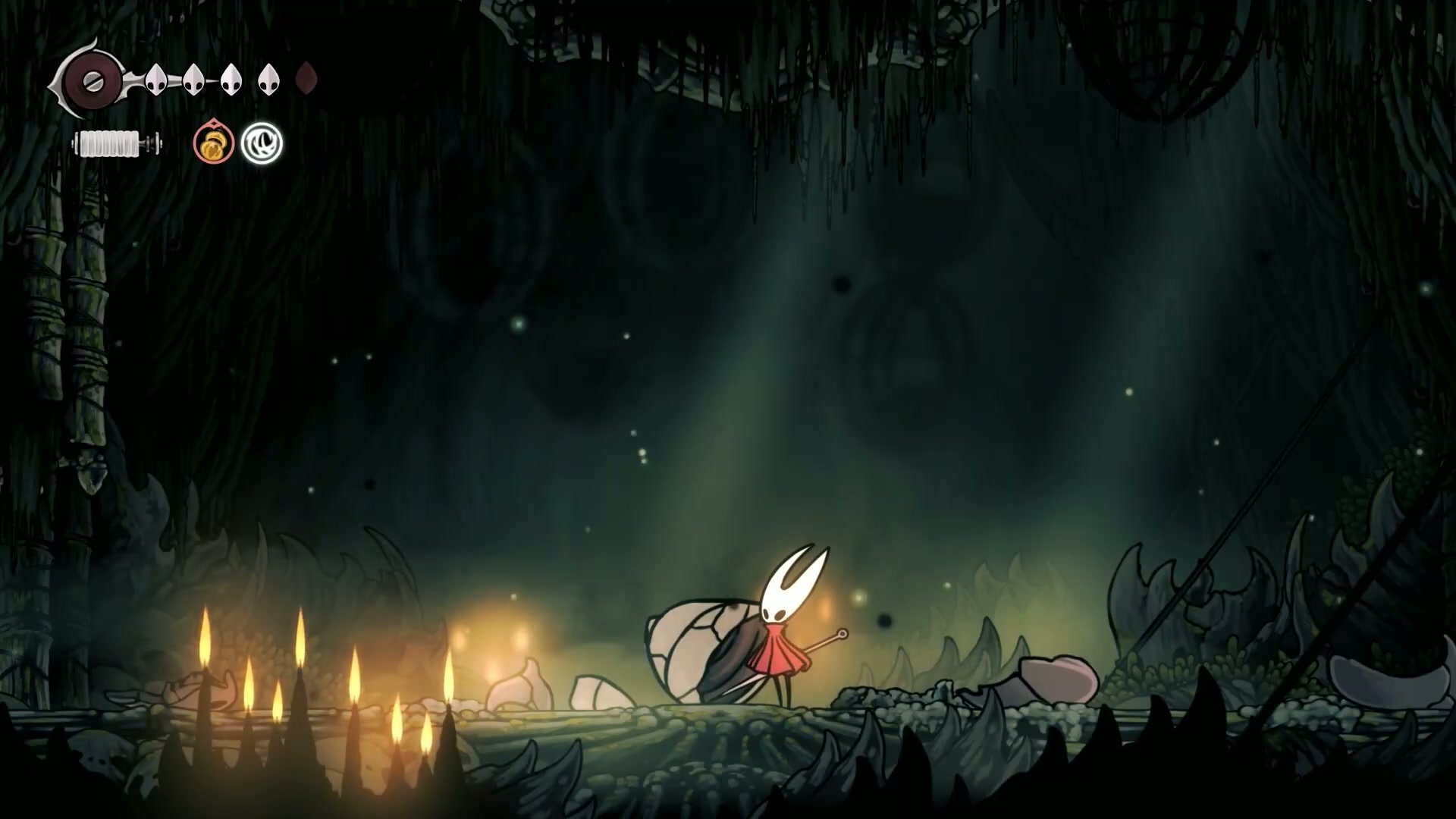 Hornet dodging under the final boss's lunge attack in Hunter's March.