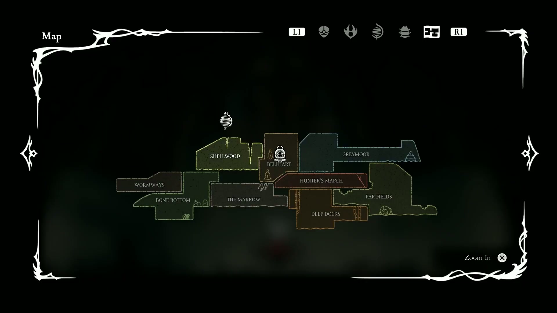 The fully completed map of the lower regions of Pharloom after completing Hunter's March in Silksong.