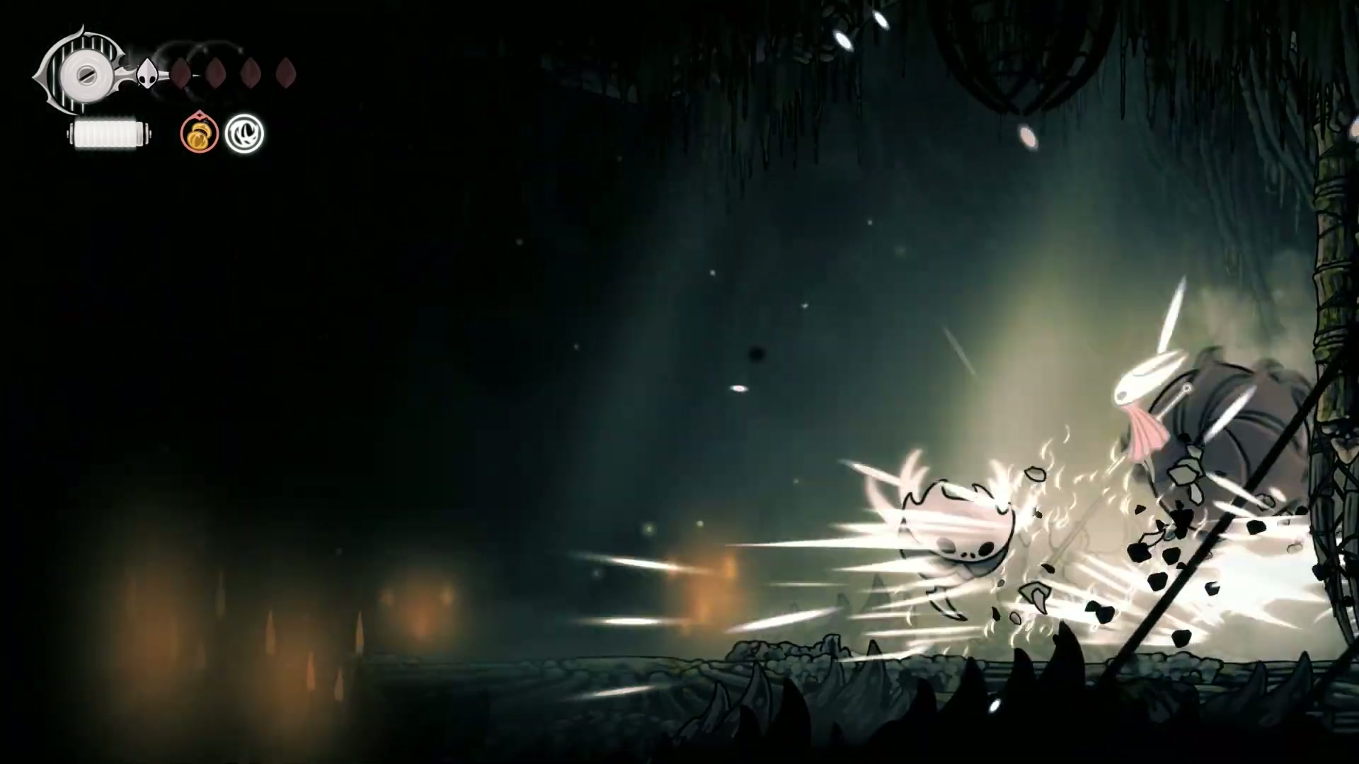 Hornet standing victoriously over the defeated Hunter's March boss in Silksong.