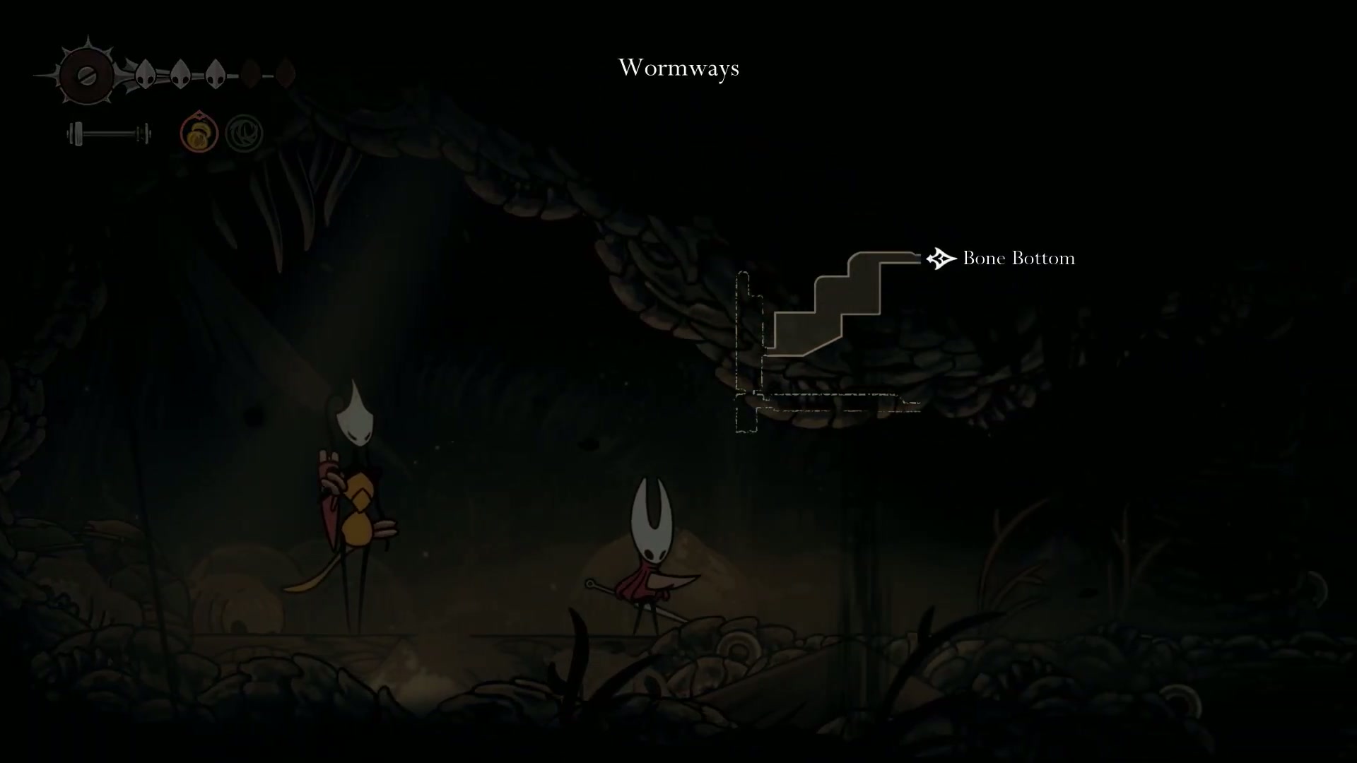 Hornet meeting the map maker Shaq in the Wyrmways for the Silksong Platinum Guide