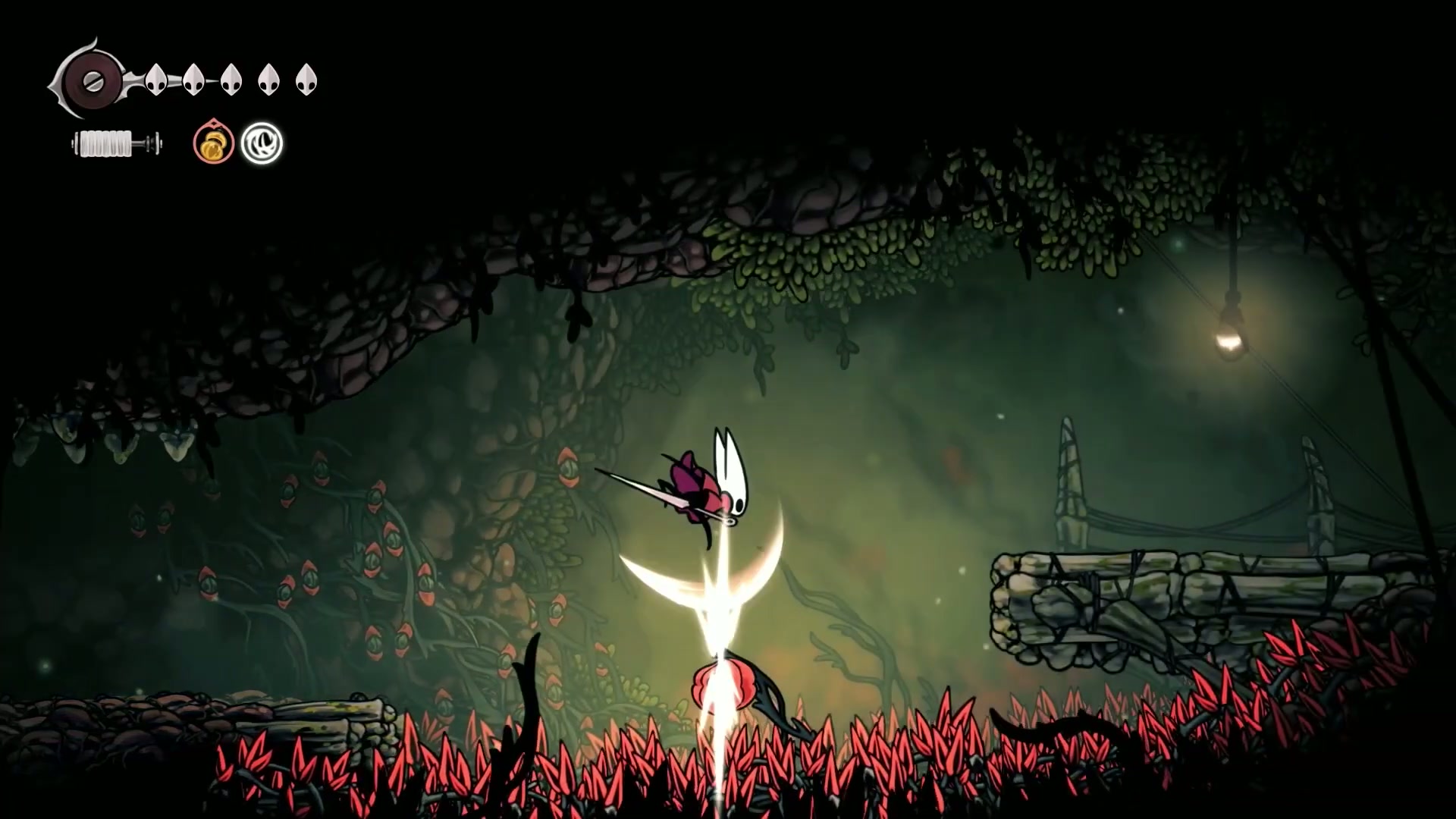 Hornet practicing the downward pogo on spikes in Hunter's March.