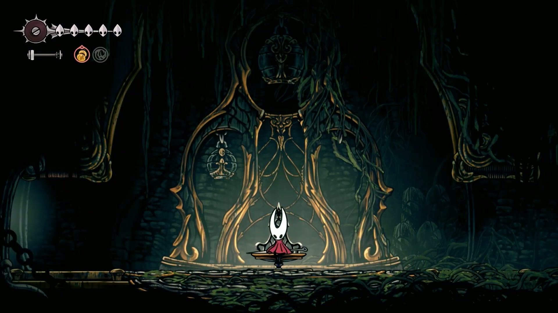 Hornet resting at the bench in Deep Docks to set a spawn point for the Silksong 100% Completion Guide
