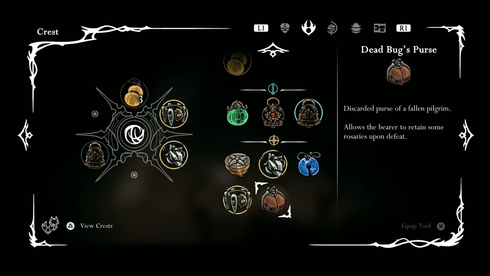 Hornet collecting the Dead Bug's Purse item for the Silksong 100% Completion Guide