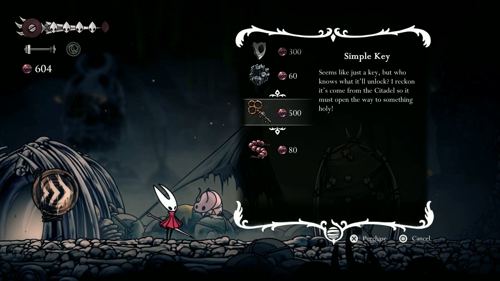 Hollow Knight Silksong - Buying the Simple Key from the Bone Bottom shop.