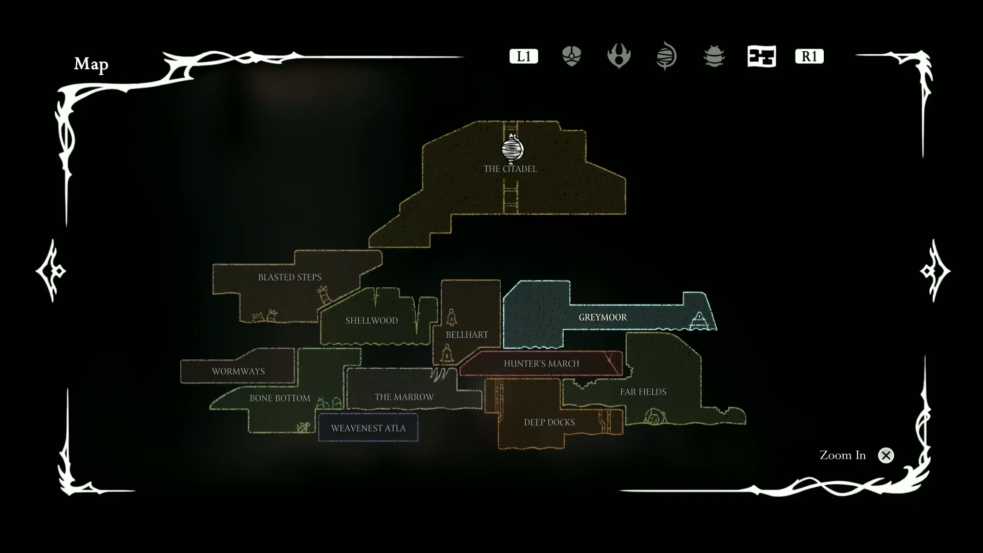 A map showing the path from the Underworks to the Citadel in Silksong