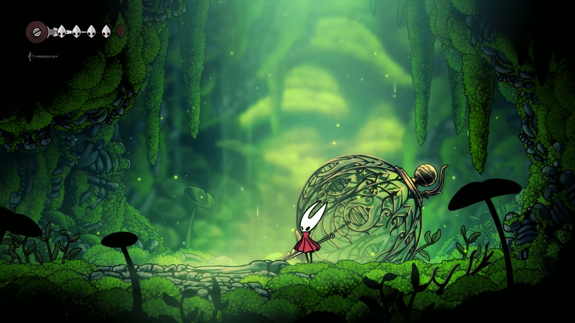 Hornet picking up her needle weapon in the starting area of Silksong, the beginning of the platinum walkthrough.
